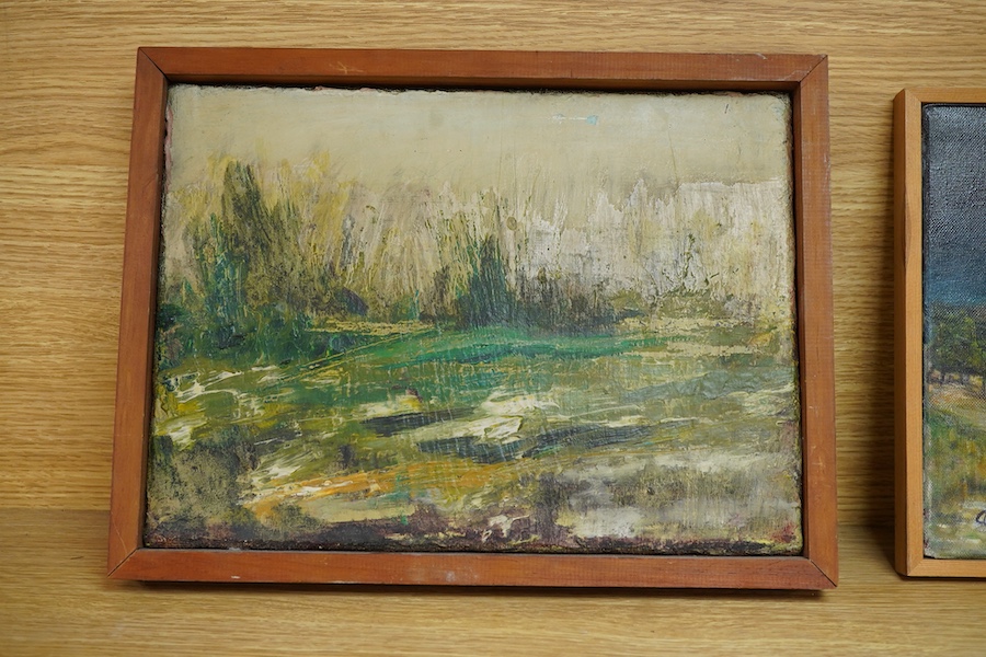 Contemporary School, Windswept landscape at night, monogrammed A. C., oil on canvas, together with a similar example by a different hand, 24 x 33cm